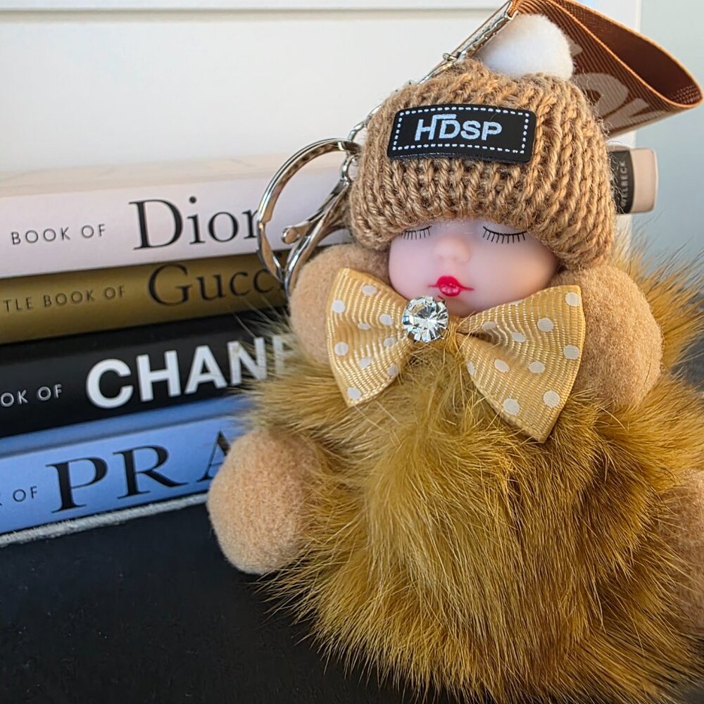 Cute Baby Sleeping Keychain with LOVE tag, Plush rabbit fur, Bag Charm